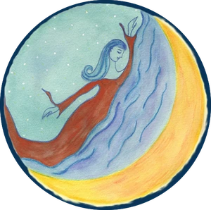 Dream Swim emblem — a dreamer in red swimming across a crescent moon